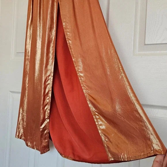 Sundress REVOLVE Metallic Copper Halter Maxi Dress Plunging V-Neck Slit Bronze S - Picture 4 of 8
